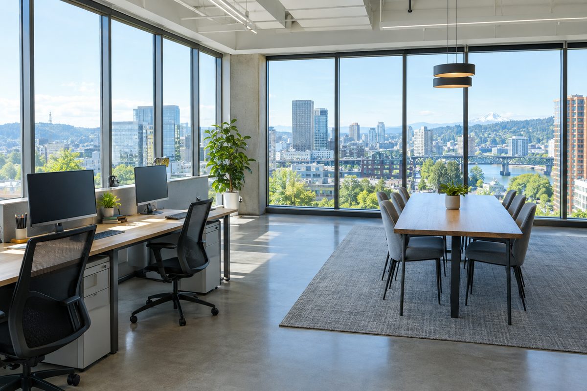 Bright Portland office with floor-to-ceiling windows